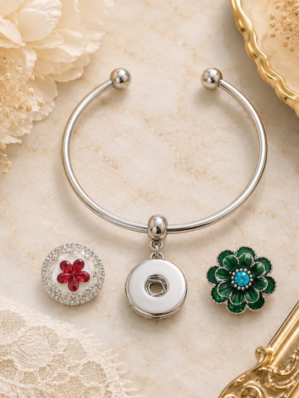 Silver Snap Charm Cuff Bracelet Green Flower & Ruby Flower Interchangeable